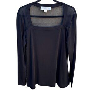 Badgley‎ Mischka American Glamour Mesh Panel Square Neck Long Sleeve Top Black L